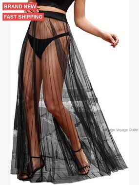 Sheer Mesh Maxi Skirt High Waist Flowy A-Line Midi Long Skirt
